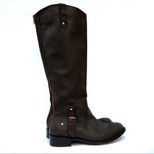 Distressed leather buckle tall riding boot
